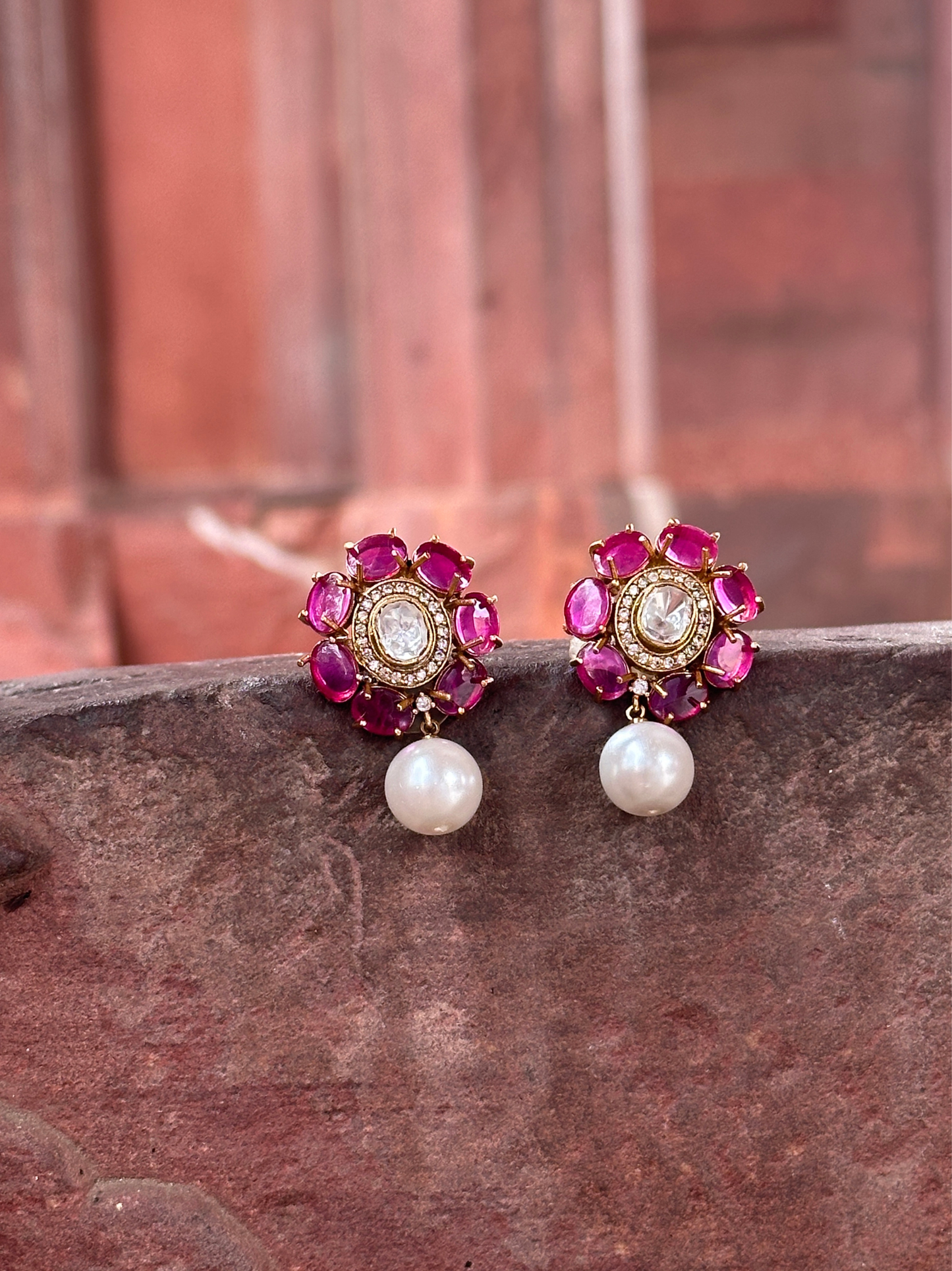 Floral Polki And Ruby Studs With Pearl Drops | Jewellery By Kamla Poddar
