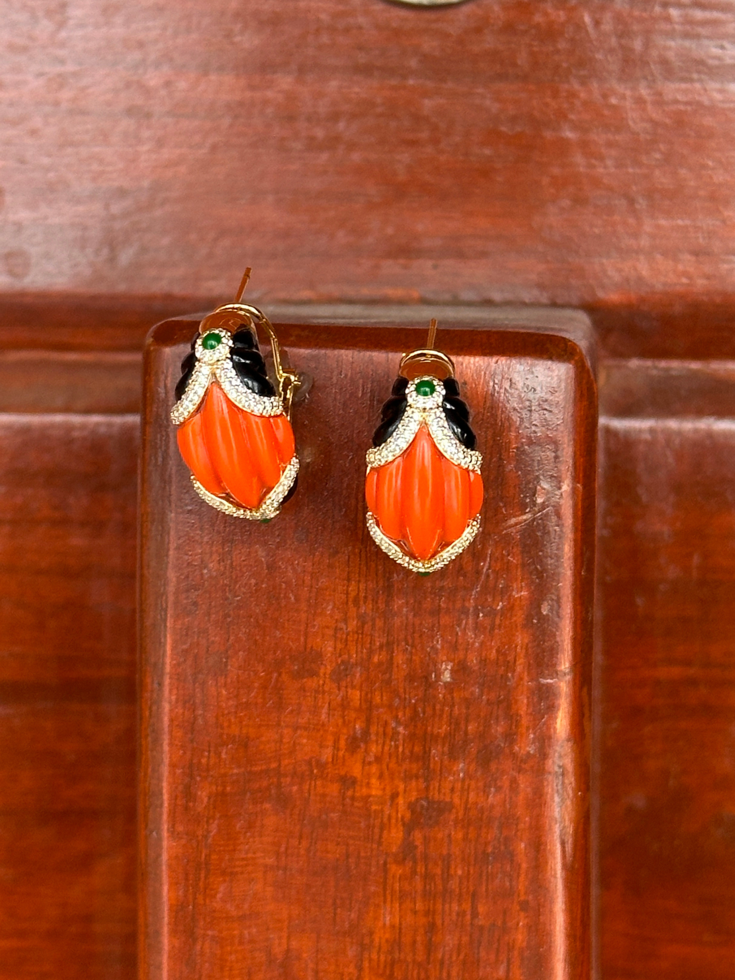 Verdi Style Carved Coral And Onyx Earring | Jewellery By Kamla Poddar