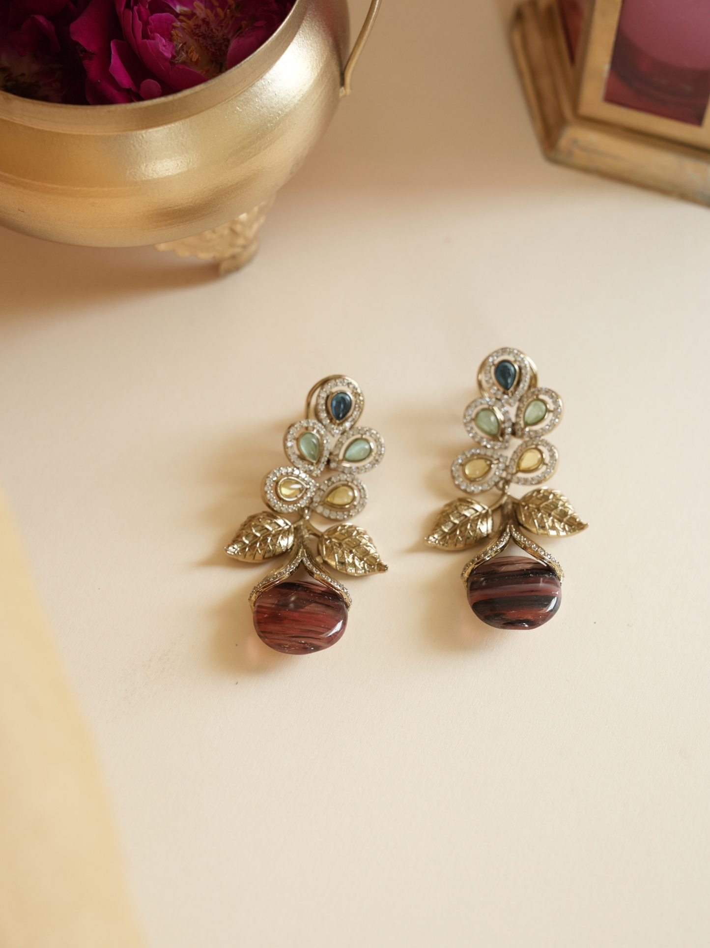 Multicolor Semi Precious Stone Leaf Earring | Jewellery By Kamla Poddar
