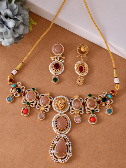 Multicolor-Stone Studded Choker Necklace Set with Earrings Antique Royal Finish Kundan Style