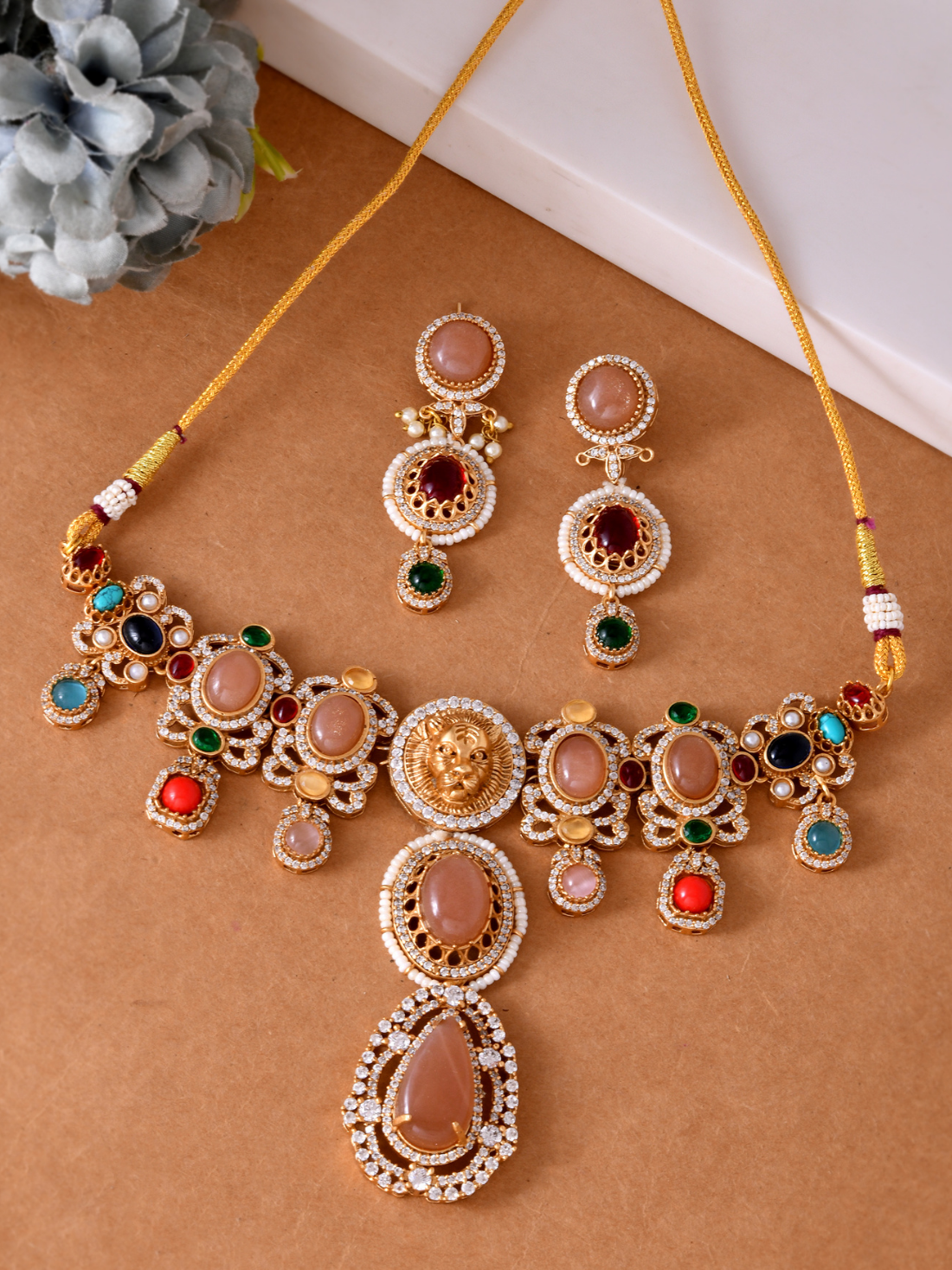 Multicolor-Stone Studded Choker Necklace Set with Earrings Antique Royal Finish Kundan Style
