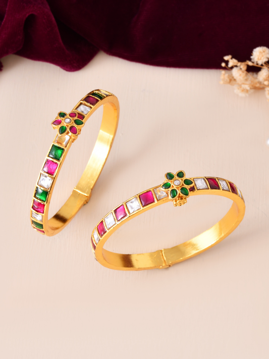 Gold-Plated Multi-Stone Floral Bangle