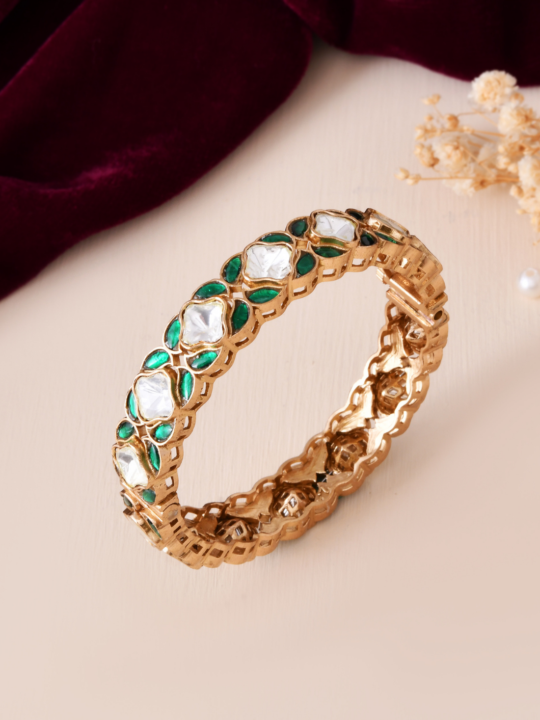 Handcrafted Gold- Plated Green Kundan Polki Bangle