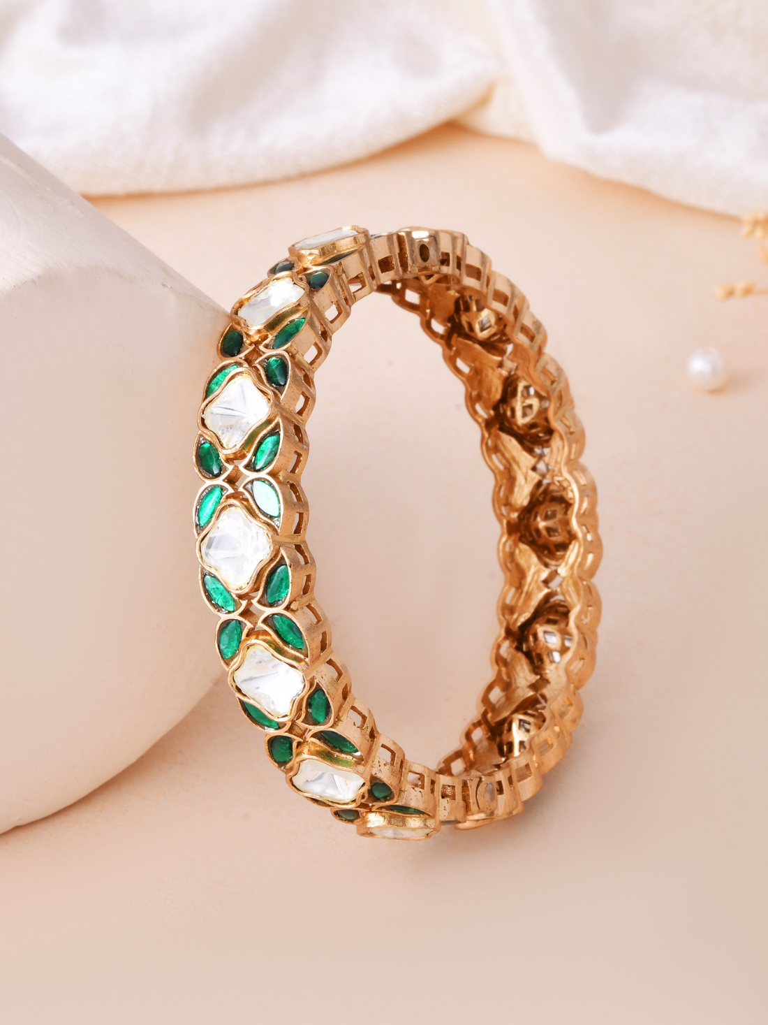 Handcrafted Gold- Plated Green Kundan Polki Bangle