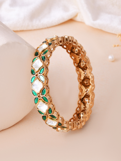 Handcrafted Gold- Plated Green Kundan Polki Bangle