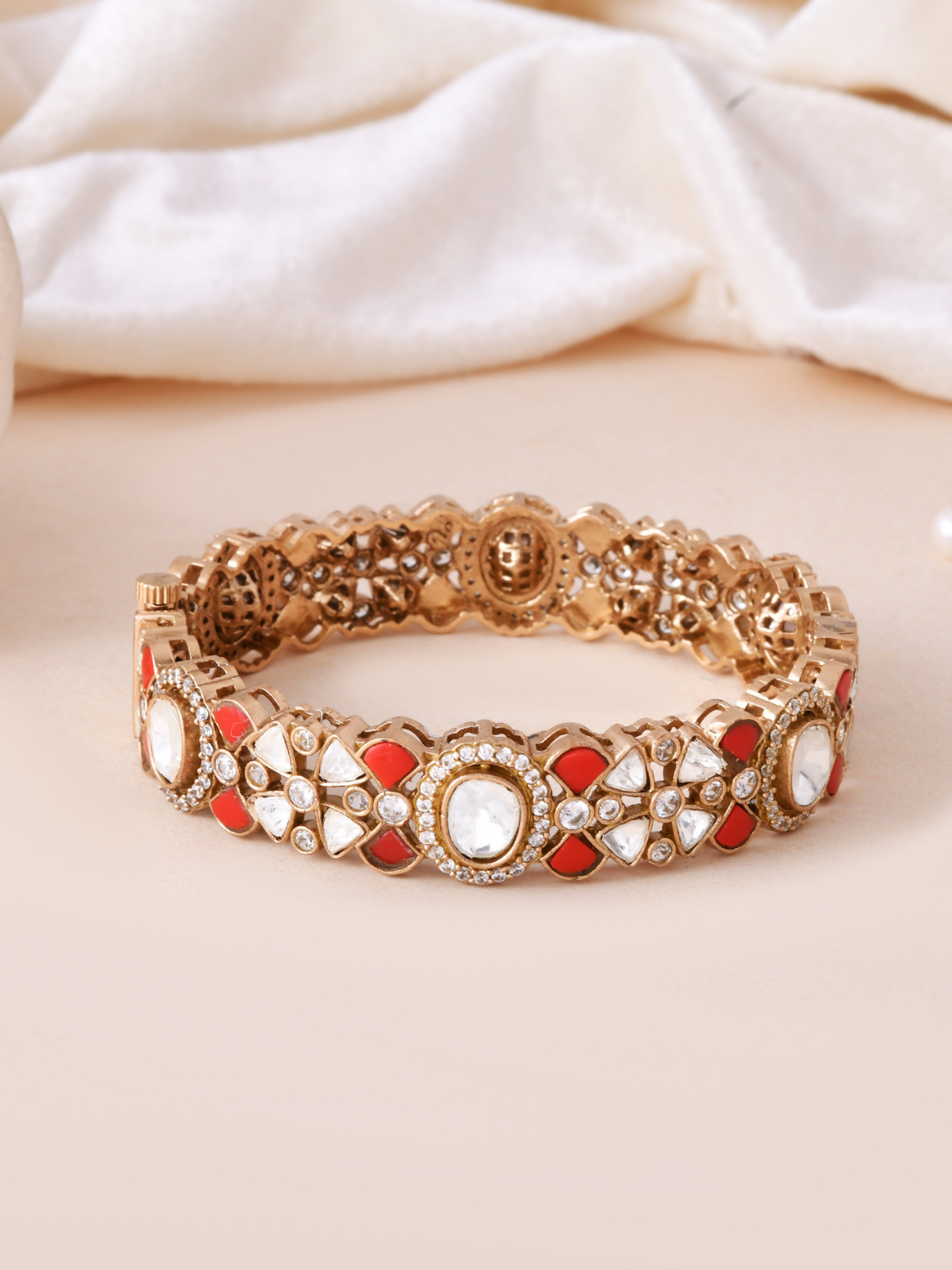 Handcrafted Gold- Plated Red Kundan Polki Bangle