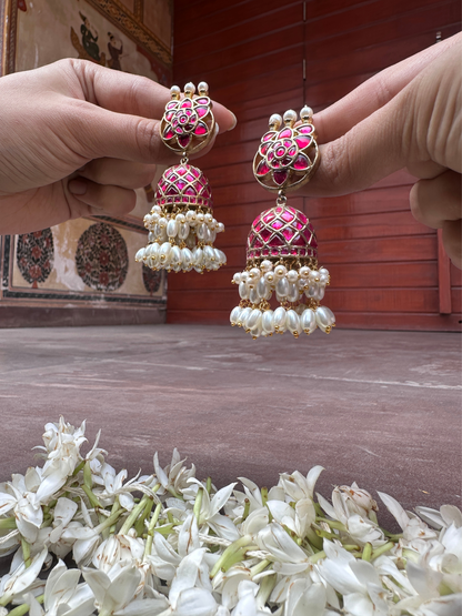 Pink Enamel Ruby Jhumka Earring | Jewellery By Kamla Poddar