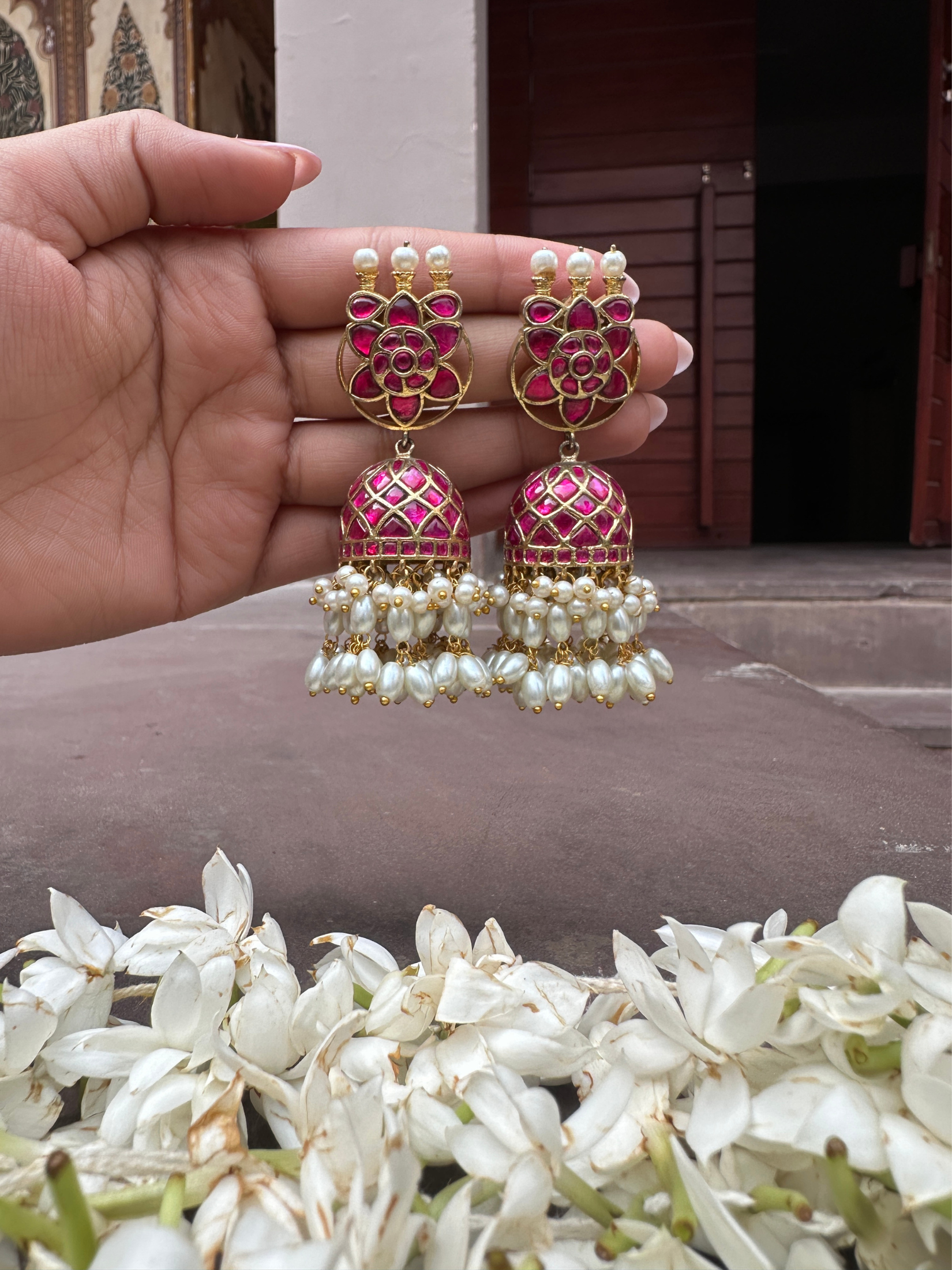 Pink Enamel Ruby Jhumka Earring | Jewellery By Kamla Poddar