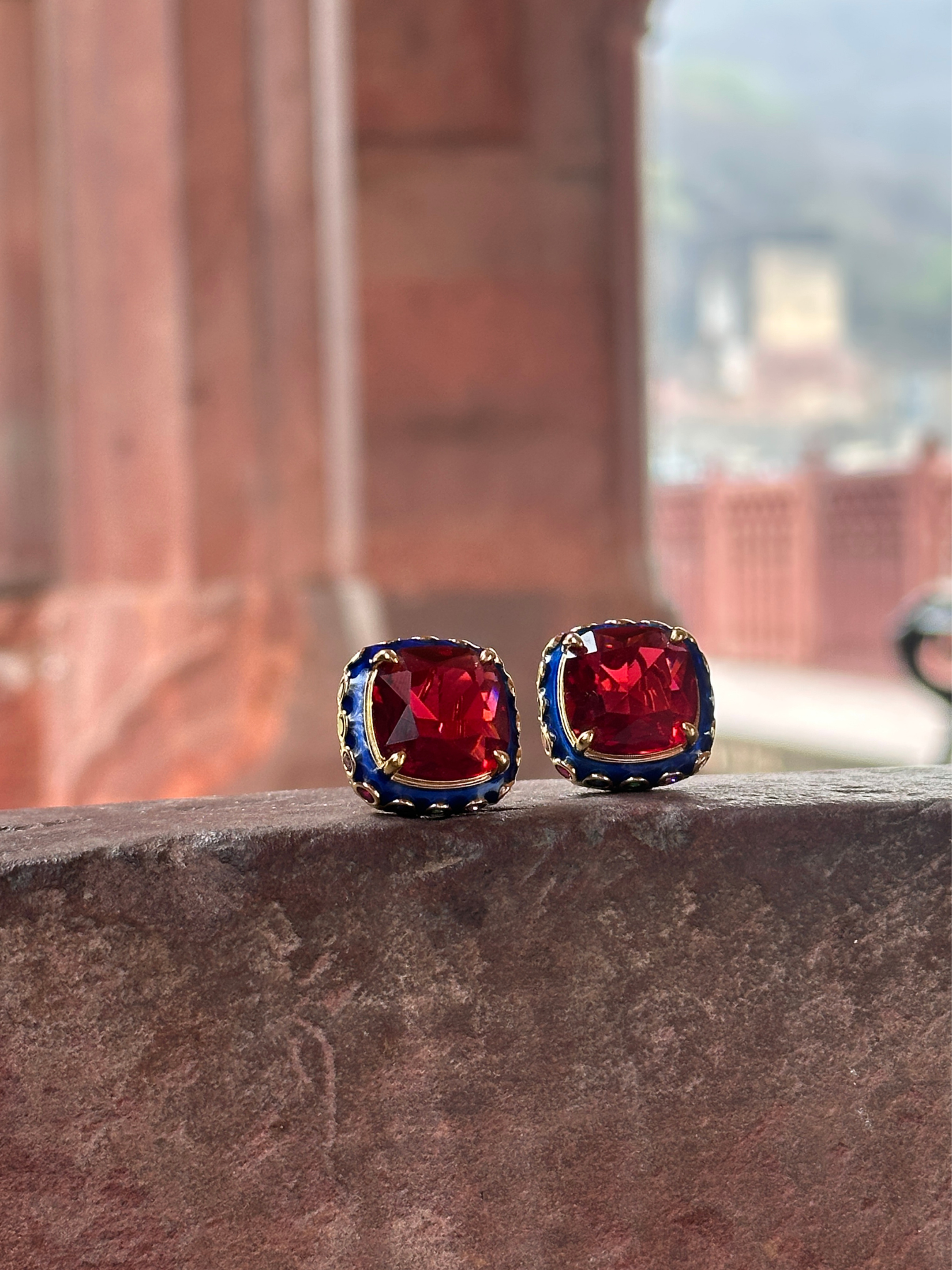 Enamel Framed Ruby Stud Earring | Jewellery By Kamla Poddar
