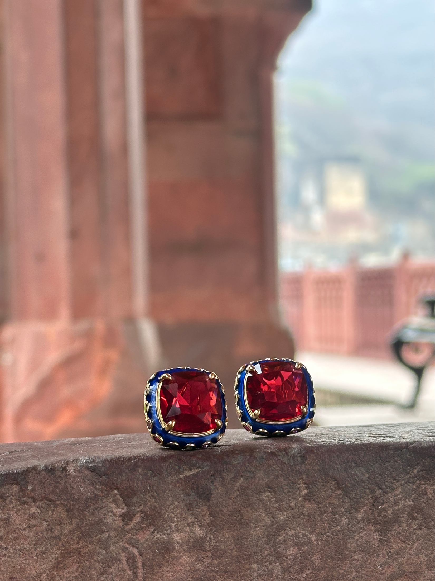 Enamel Framed Ruby Stud Earring | Jewellery By Kamla Poddar