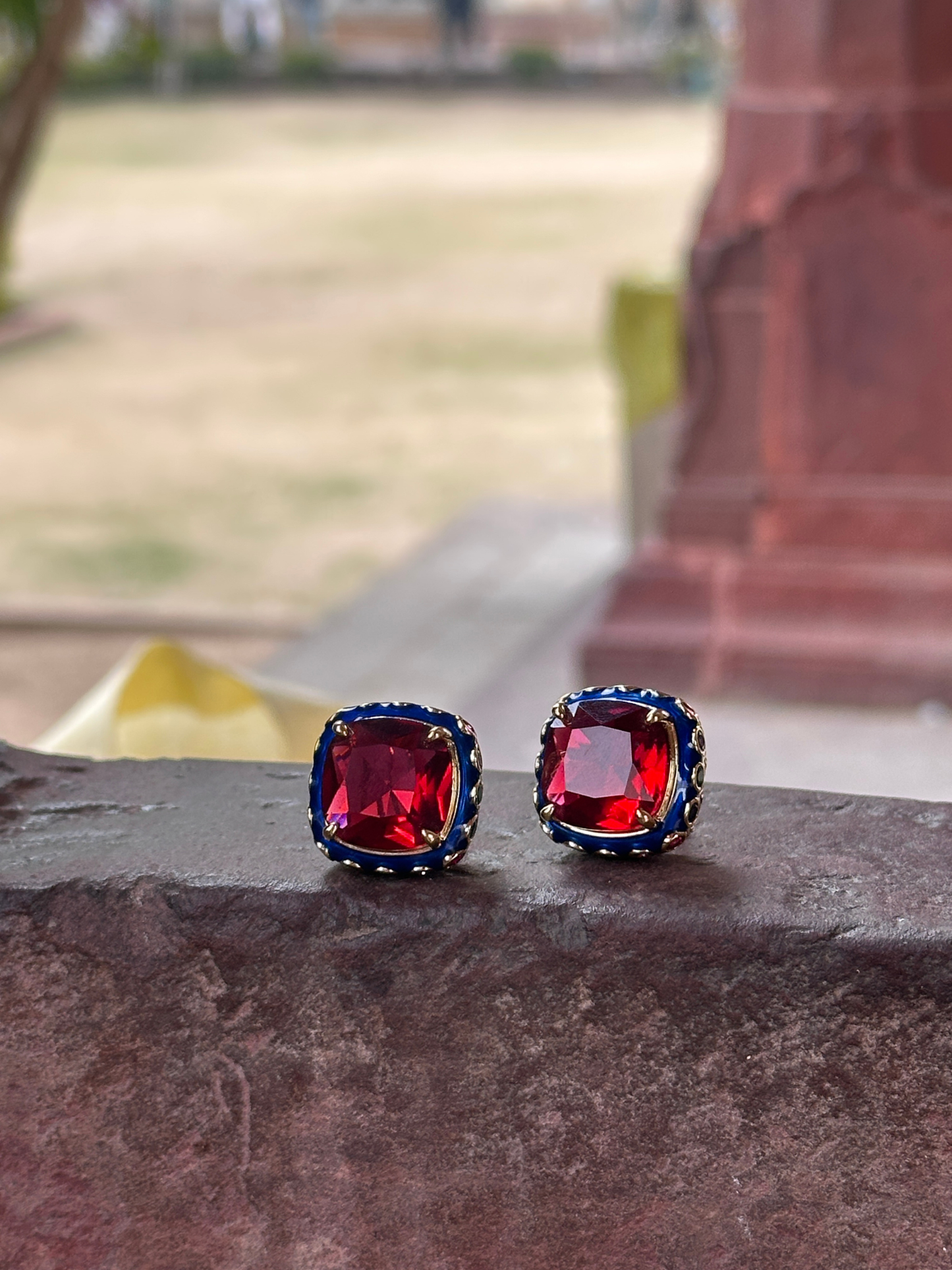 Enamel Framed Ruby Stud Earring | Jewellery By Kamla Poddar