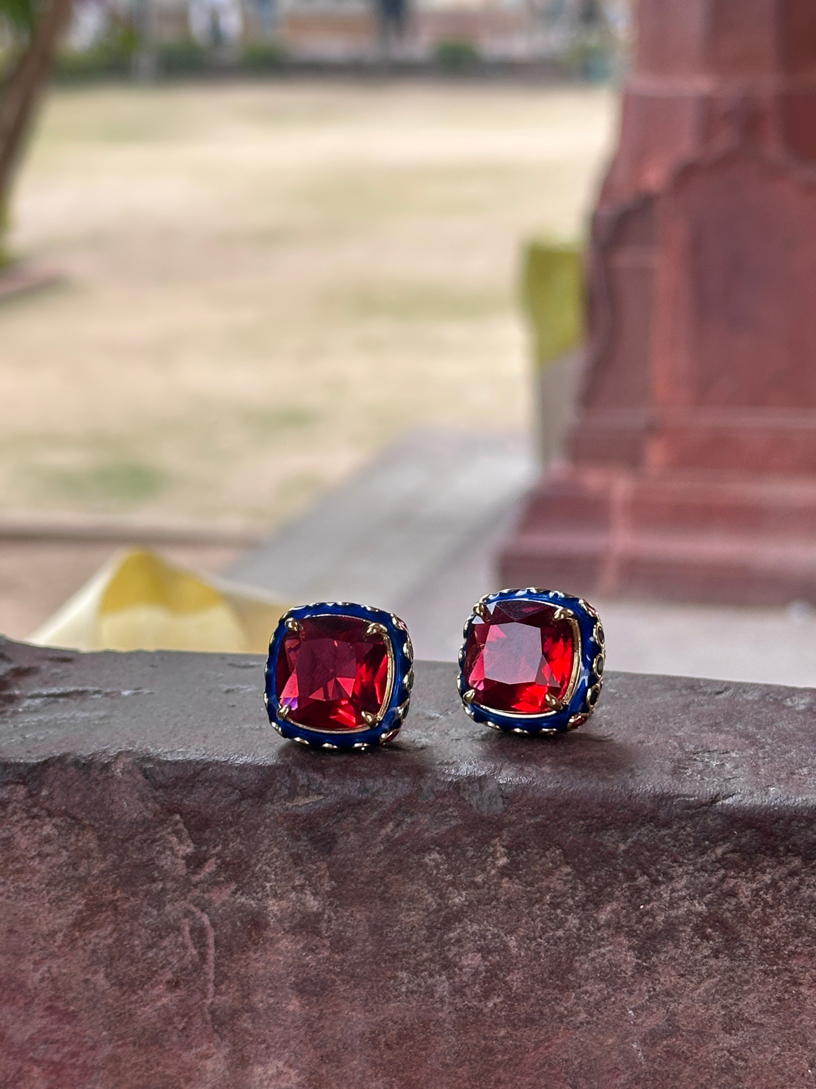 Enamel Framed Ruby Stud Earring | Jewellery By Kamla Poddar
