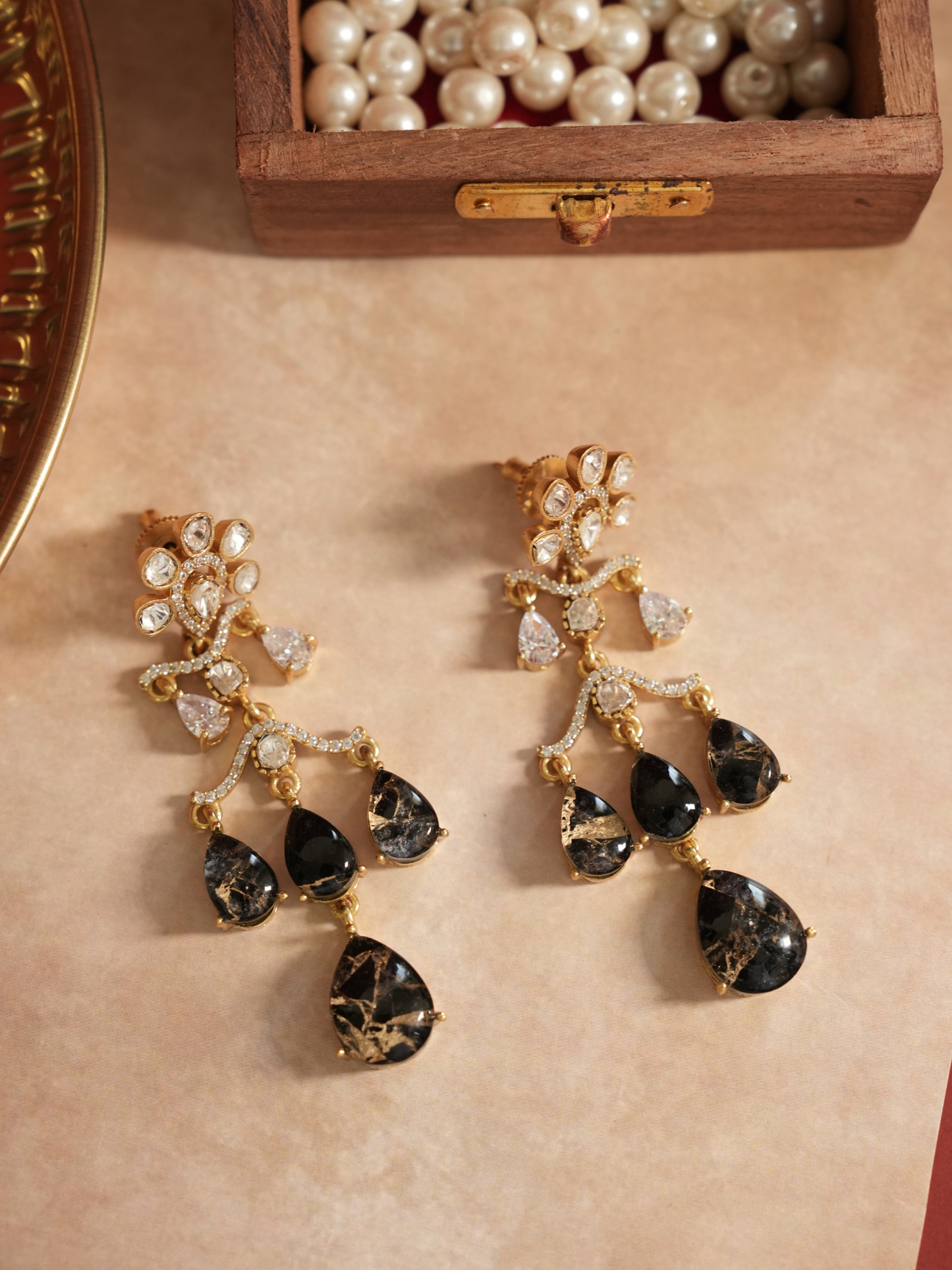 Handcrafted Black Onyx And Polki Chandelier Earring | Jewellery By Kamla Poddar