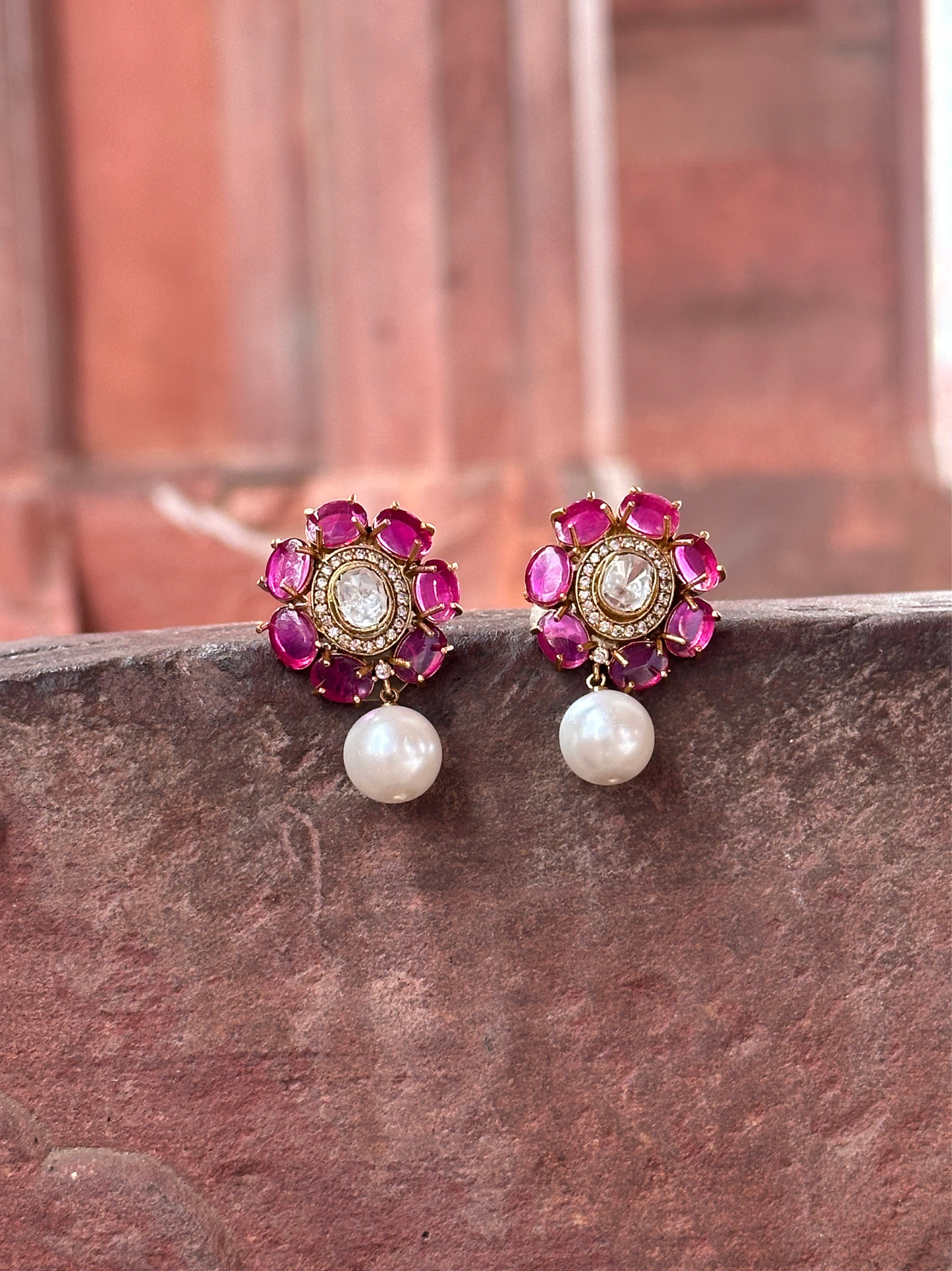 Floral Polki And Ruby Studs With Pearl Drops | Jewellery By Kamla Poddar