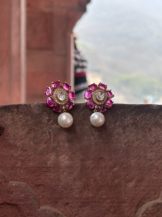 Floral Polki And Ruby Studs With Pearl Drops | Jewellery By Kamla Poddar