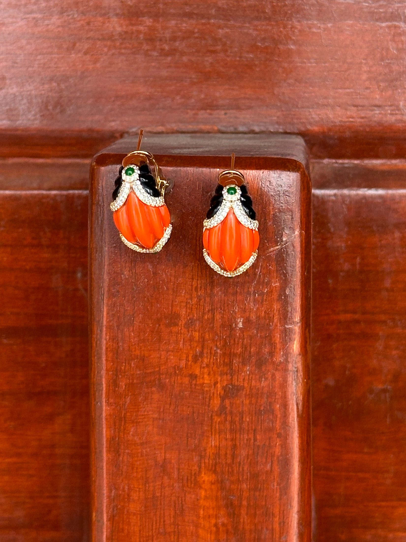 Verdi Style Carved Coral And Onyx Earring | Jewellery By Kamla Poddar