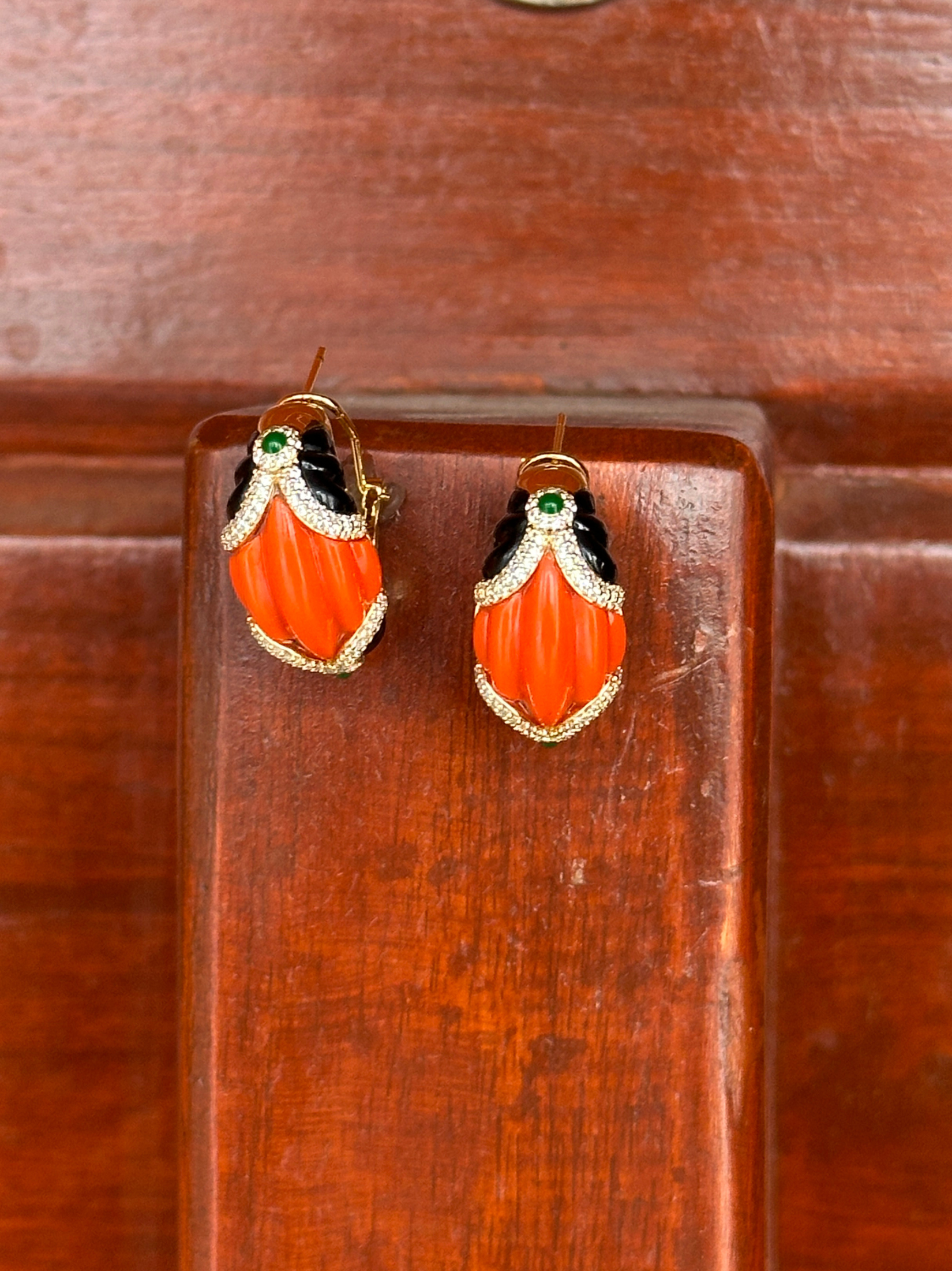 Verdi Style Carved Coral And Onyx Earring | Jewellery By Kamla Poddar