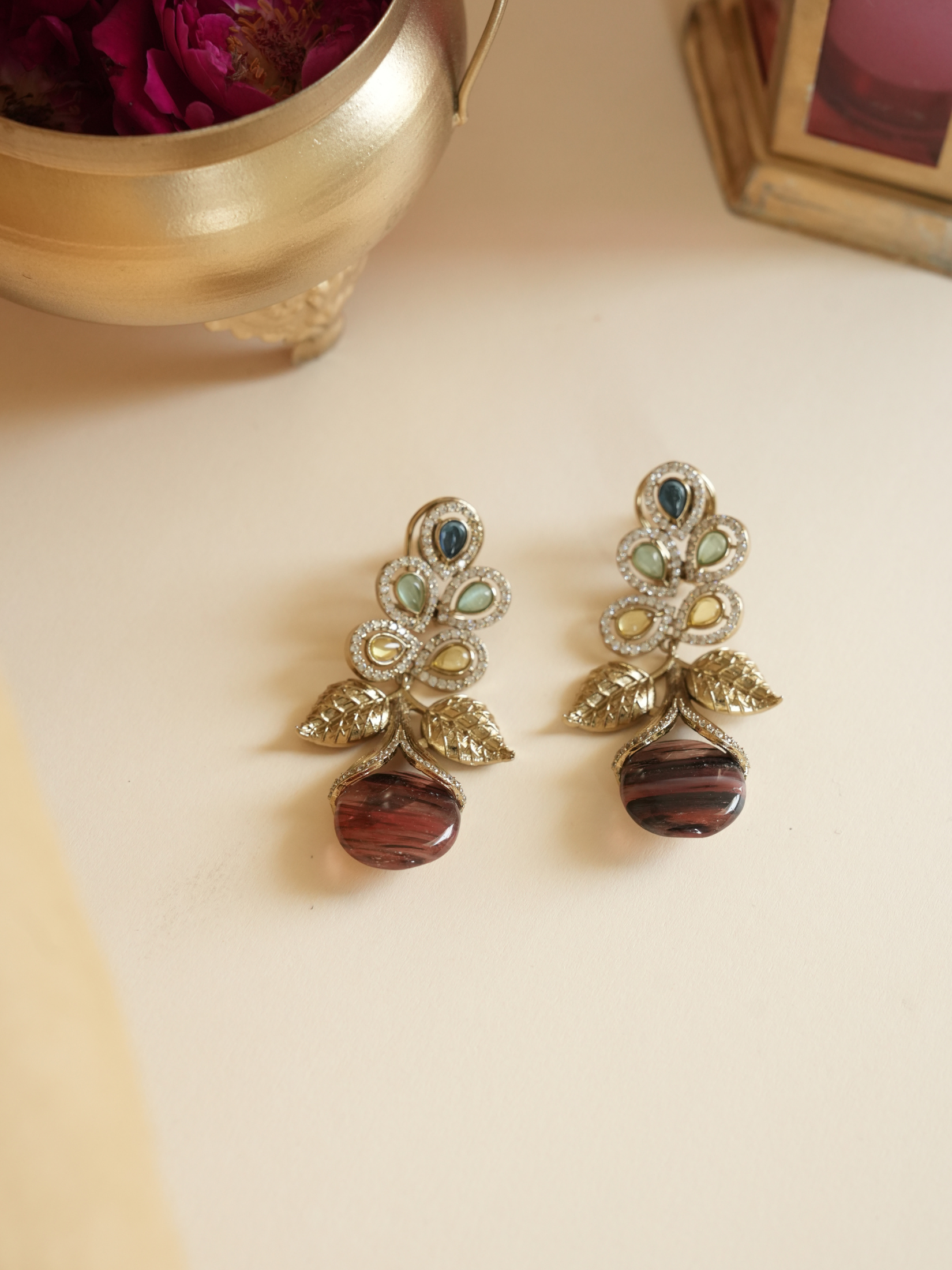 Multicolor Semi Precious Stone Leaf Earring | Jewellery By Kamla Poddar
