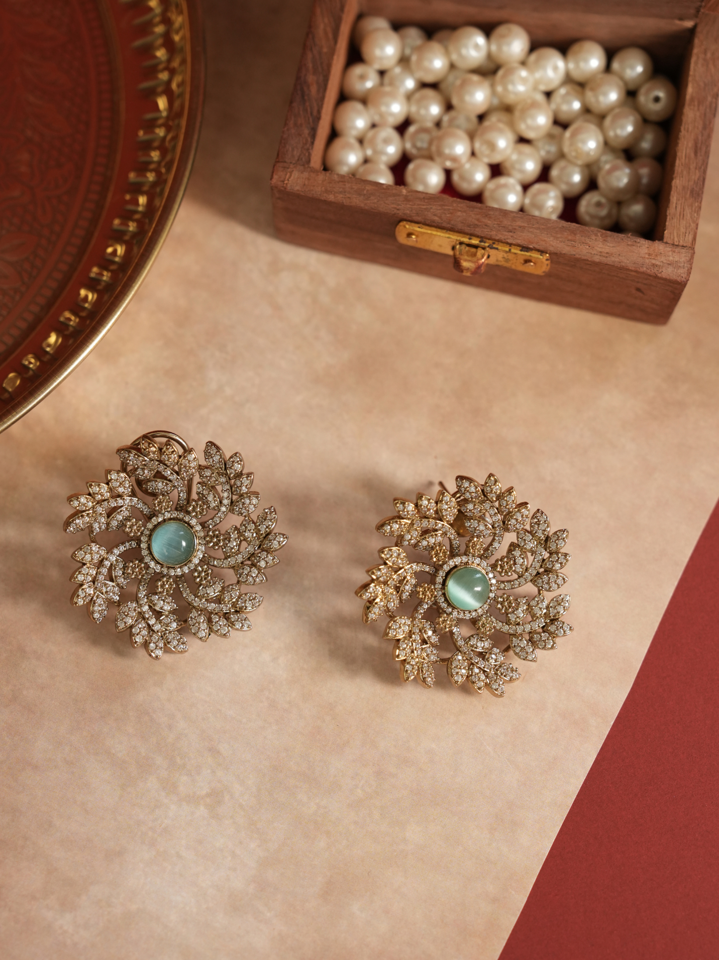 Mint Green Stone Leaf Stud Earring | Jewellery By Kamla Poddar