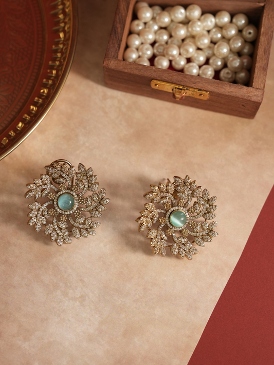 Mint Green Stone Leaf Stud Earring | Jewellery By Kamla Poddar