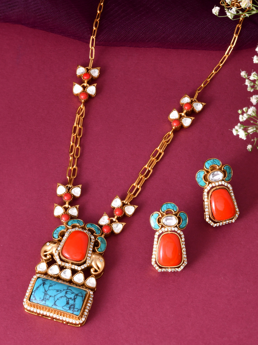 Rajwadi Coral-Turquoise Jadau Pendant Set with Chain