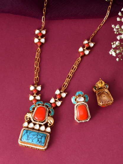 Rajwadi Coral Turquoise Jadau Pendant Set With Chain | Jewellery By Kamla Poddar
