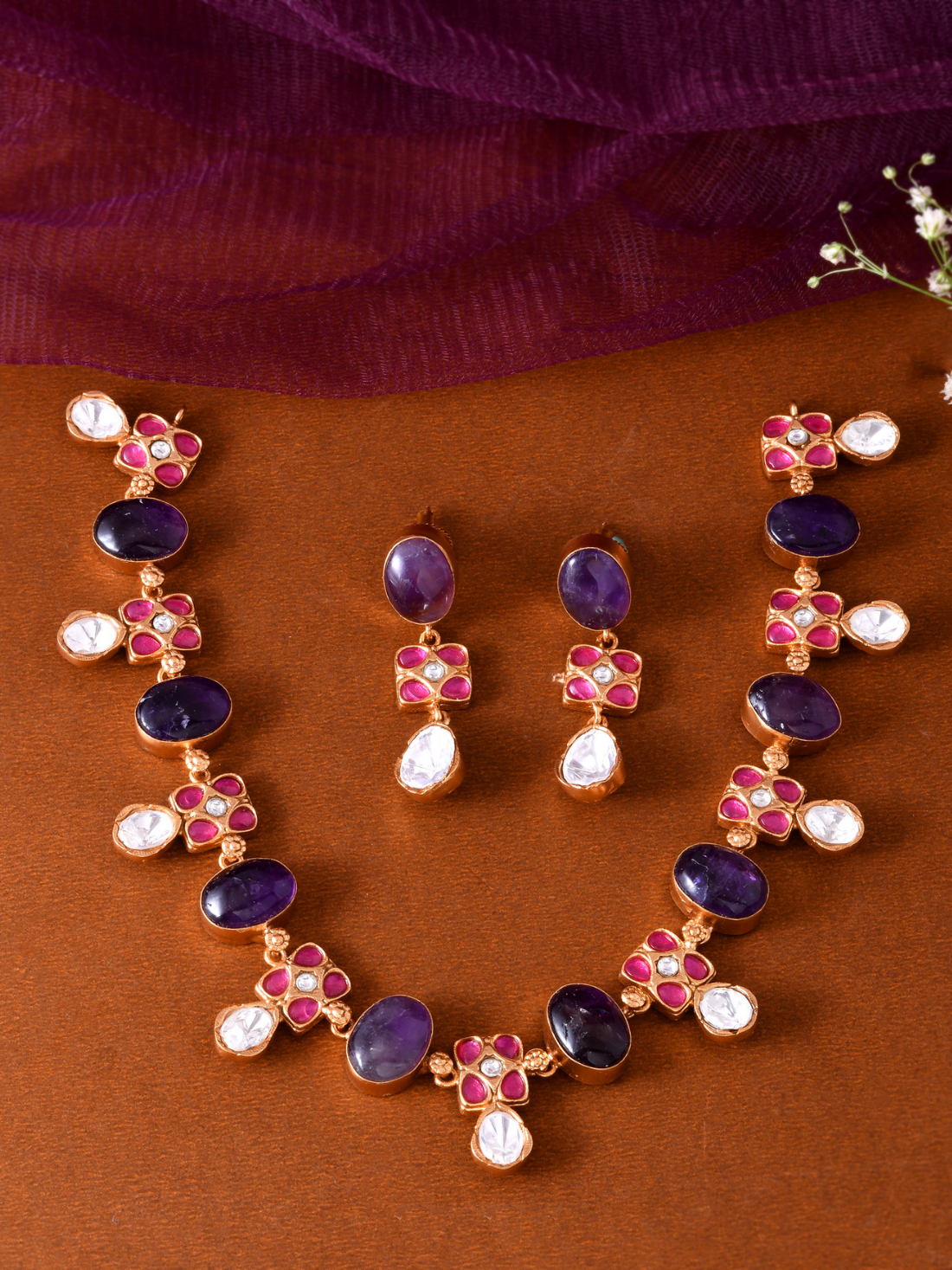 Contemporary Polki and Amethyst Necklace Set