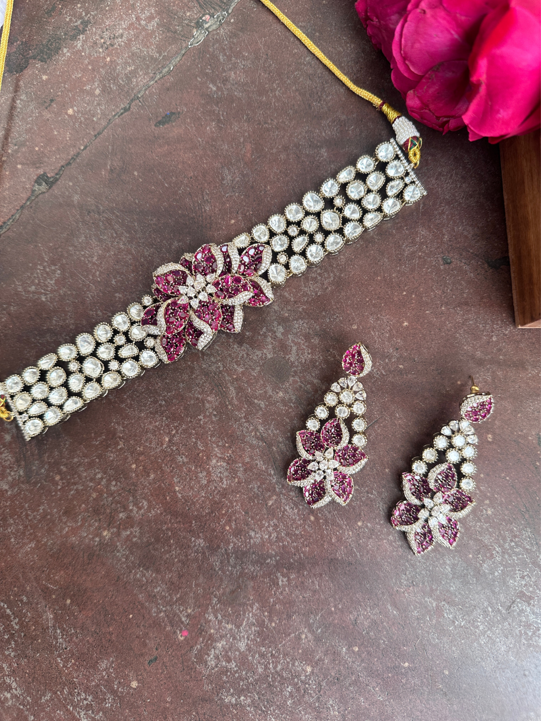 Pink Floral Polki Kundan Choker Set