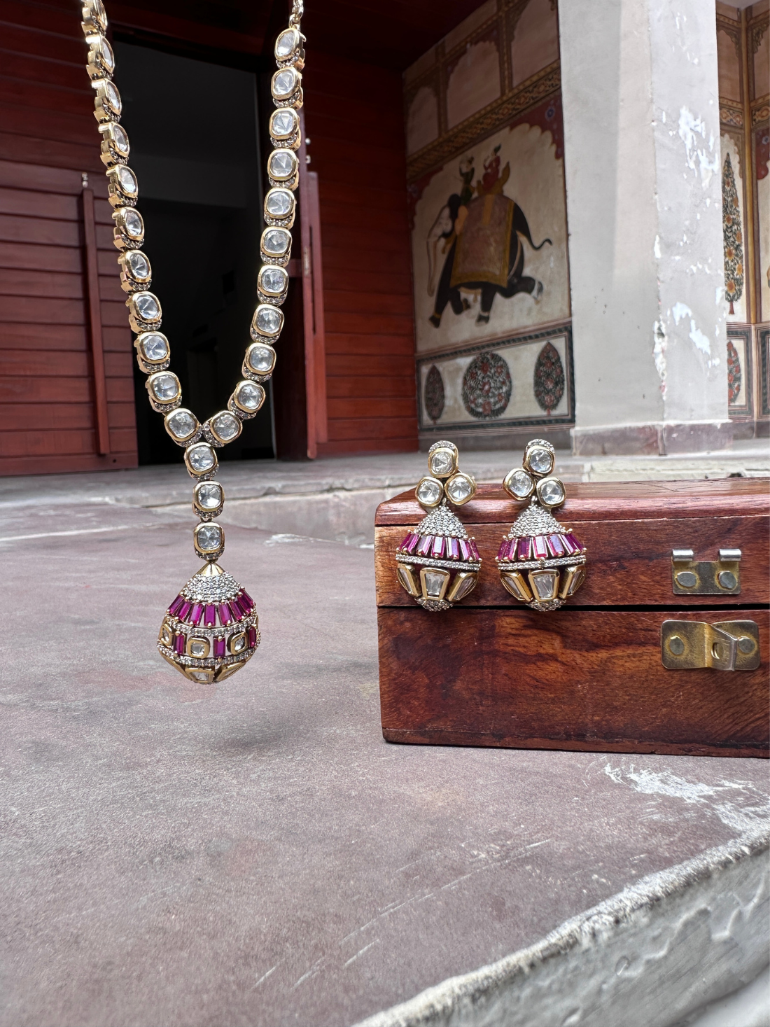 Polki Necklace Set with Ruby Jhumka Accents