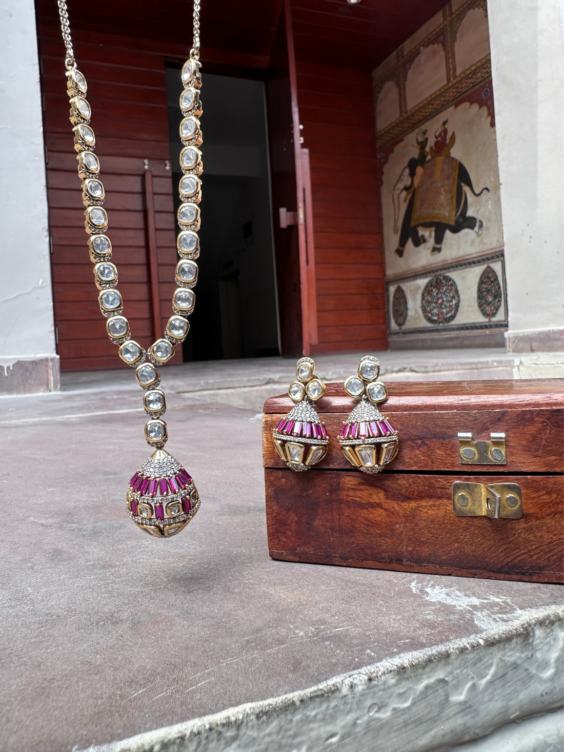 Polki Necklace Set with Ruby Jhumka Accents