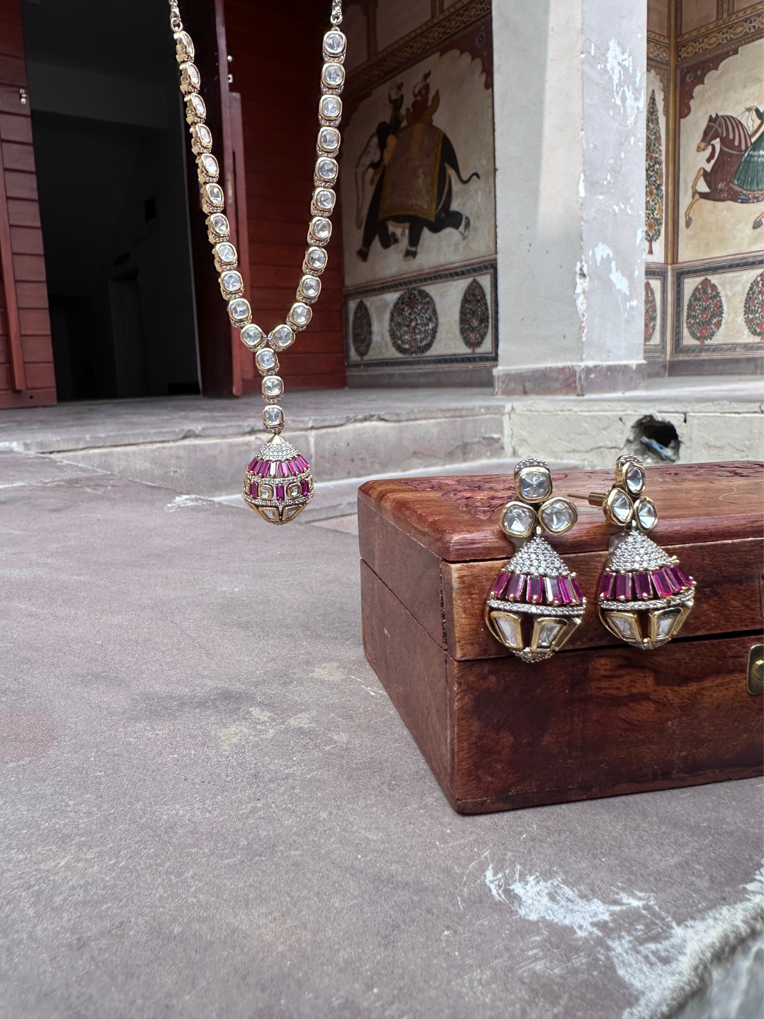 Polki Necklace Set with Ruby Jhumka Accents